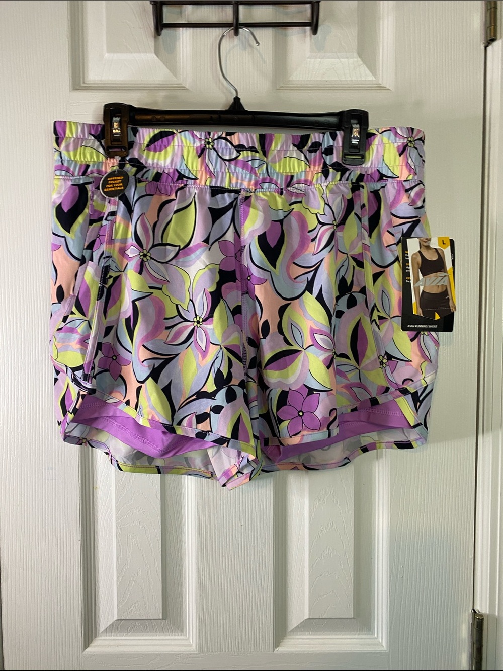 Women's Floral Print Athletic Shorts - Purple Avia Brand Size Large.